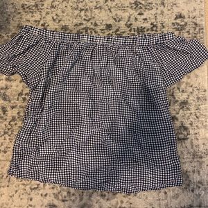 off the shoulder blue checkered blouse